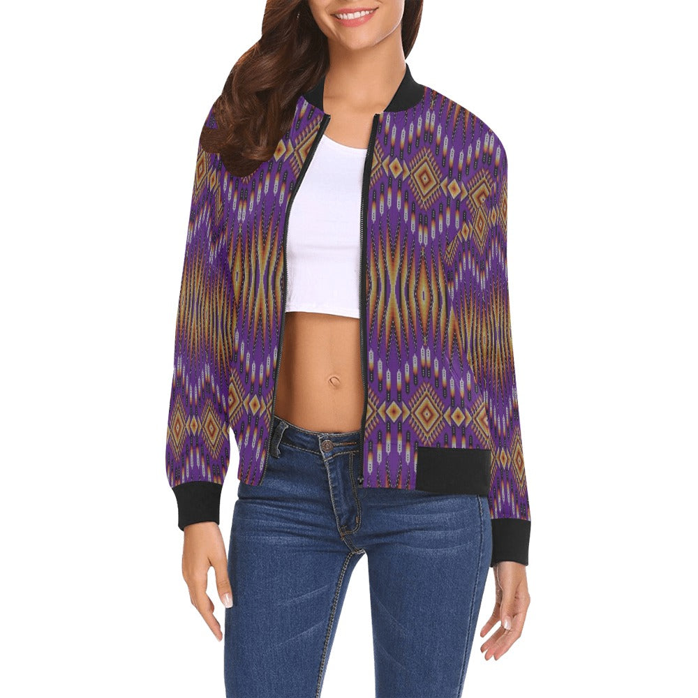 Fire Feather Purple All Over Print Bomber Jacket for Women