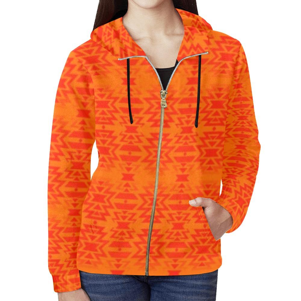 Fire Colors and Turquoise A feather for each All Over Print Full Zip Hoodie for Women (Model H14) All Over Print Full Zip Hoodie for Women (H14) e-joyer 