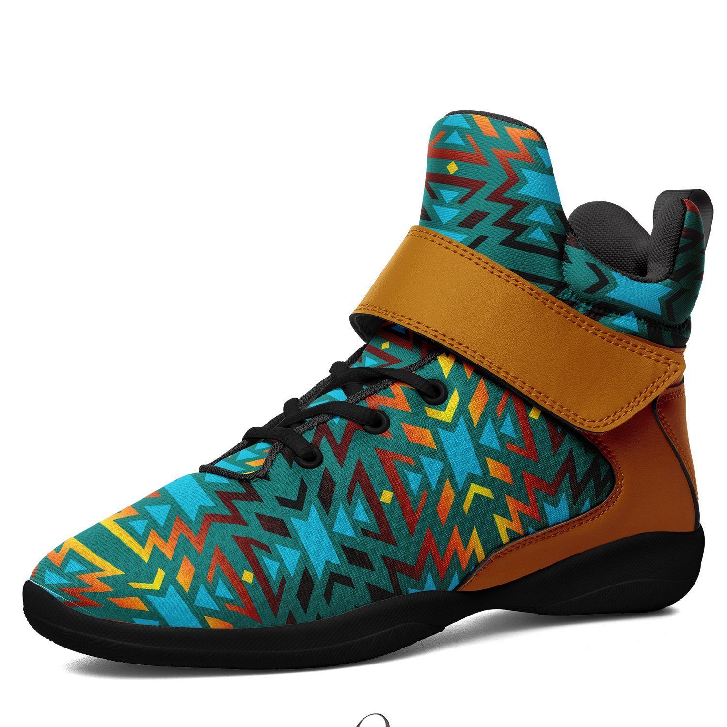 Fire Colors and Turquoise Teal Ipottaa Basketball / Sport High Top Shoes - Black Sole 49 Dzine US Men 7 / EUR 40 Black Sole with Brown Strap 