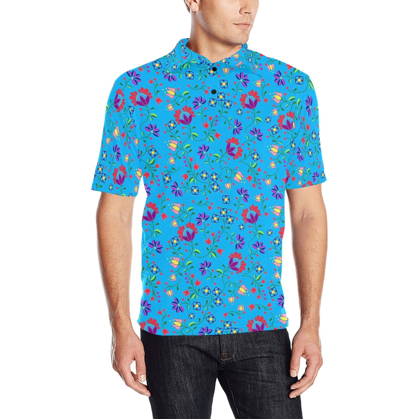 Fleur Indigine Ciel Men's All Over Print Polo Shirt (Model T55) Men's Polo Shirt (Model T55) e-joyer 