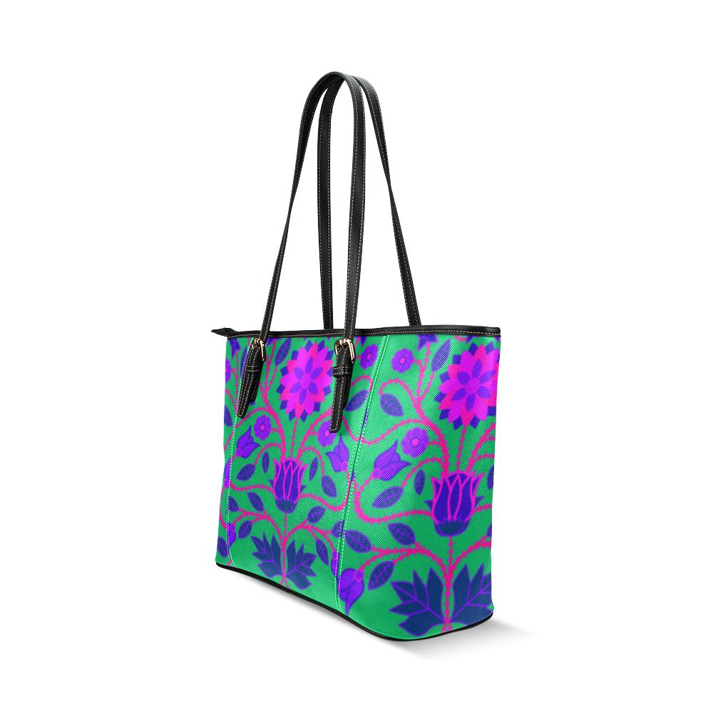 Floral Beadwork Four Clans Teal Leather Tote Bag/Large (Model 1640) Leather Tote Bag (1640) e-joyer 