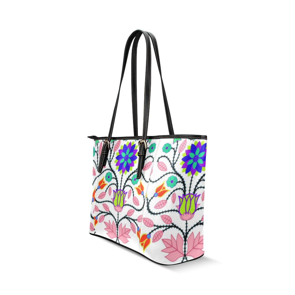 Floral Beadwork Four Clans White Leather Tote Bag/Large (Model 1640) Leather Tote Bag (1640) e-joyer 