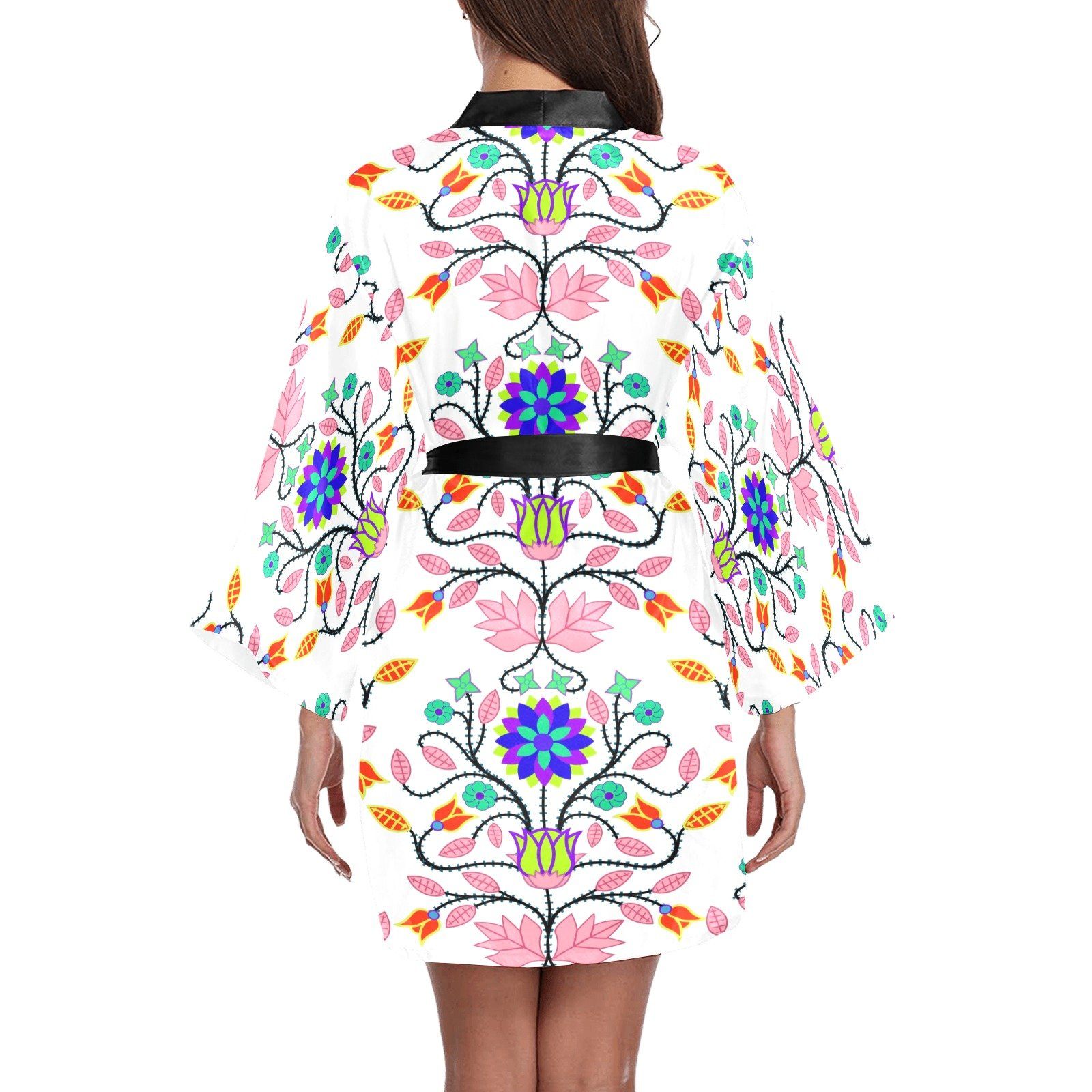 Floral Beadwork Four Clans White Long Sleeve Kimono Robe Long Sleeve Kimono Robe e-joyer 