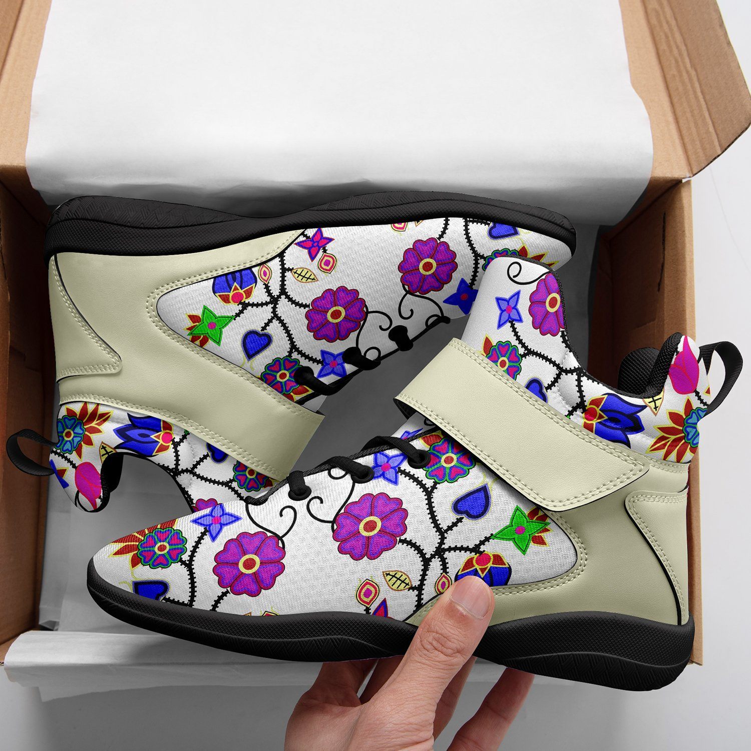 Floral Beadwork Seven Clans White Ipottaa Basketball / Sport High Top Shoes - Black Sole 49 Dzine 