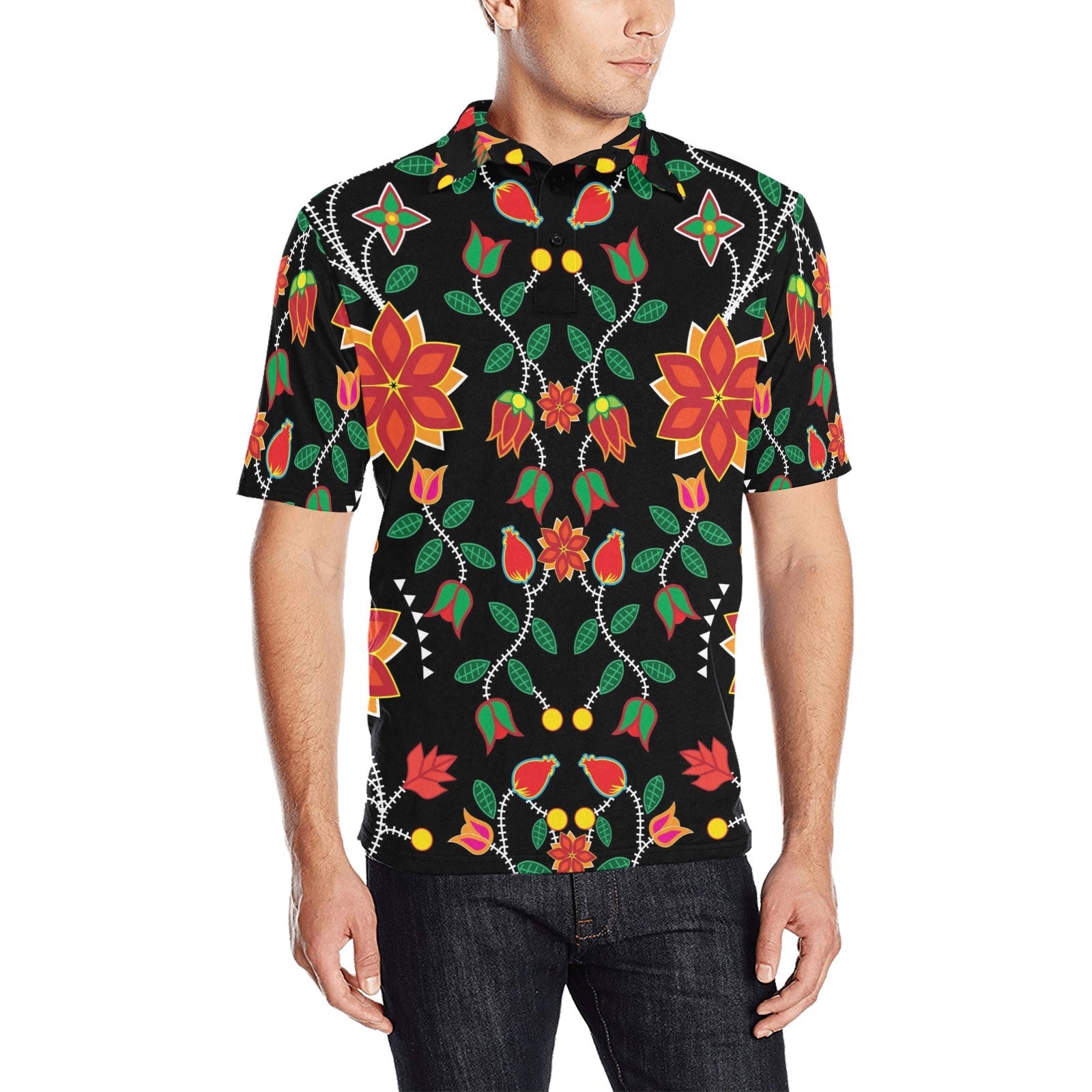 Floral Beadwork Six Bands Men's All Over Print Polo Shirt (Model T55) Men's Polo Shirt (Model T55) e-joyer 