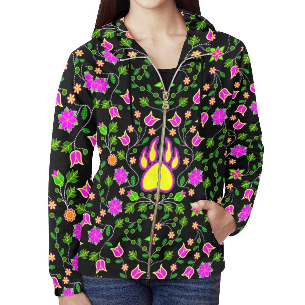 Floral Bearpaw Pink and Yellow All Over Print Full Zip Hoodie for Women (Model H14) hoodie e-joyer 