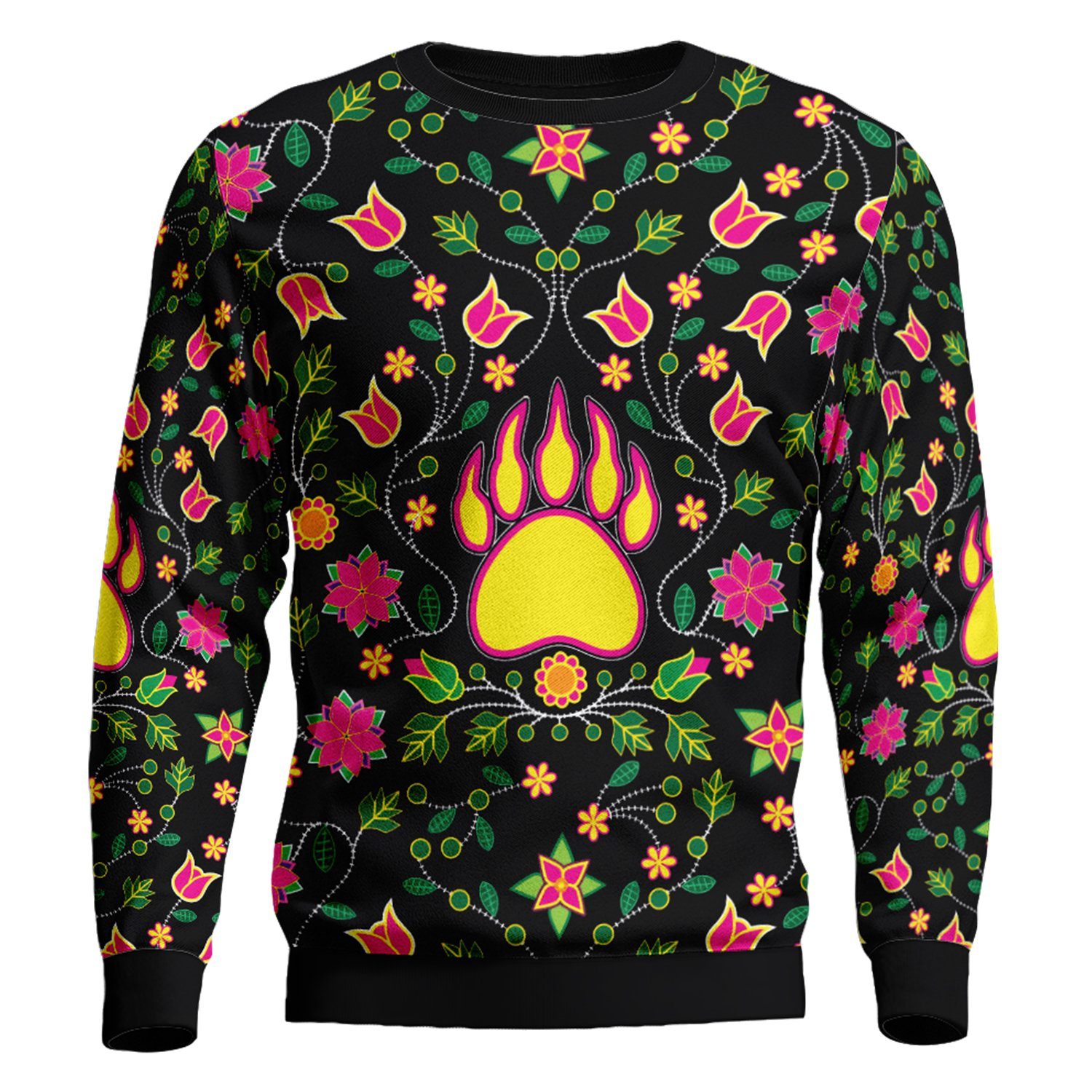 Floral Bearpaw Pink and Yellow Unisex Crewneck Long Sleeve Top 49 Dzine 