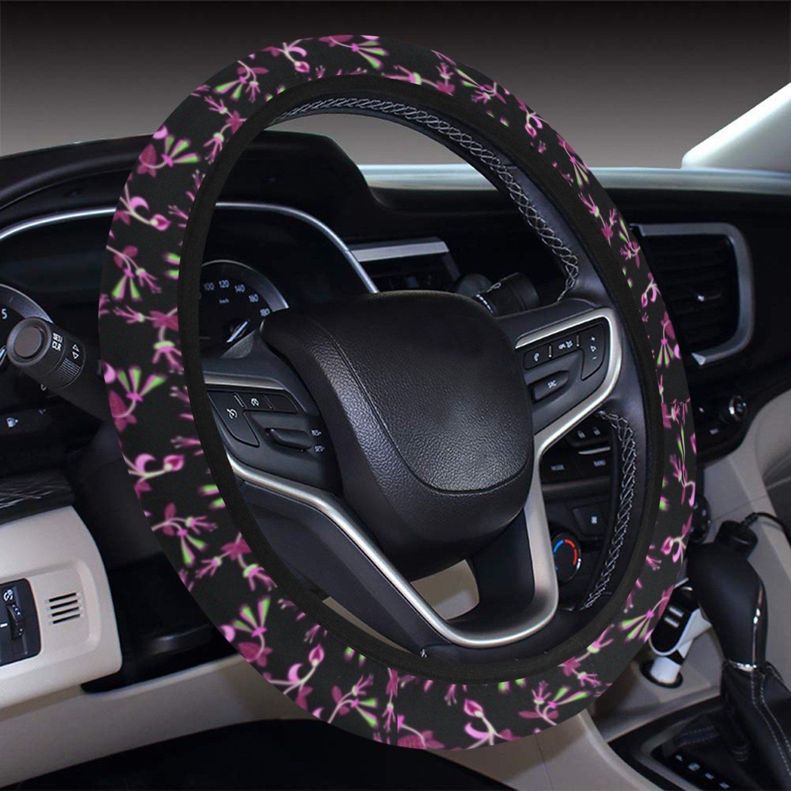 Floral Green Black Steering Wheel Cover with Elastic Edge Steering Wheel Cover with Elastic Edge e-joyer 