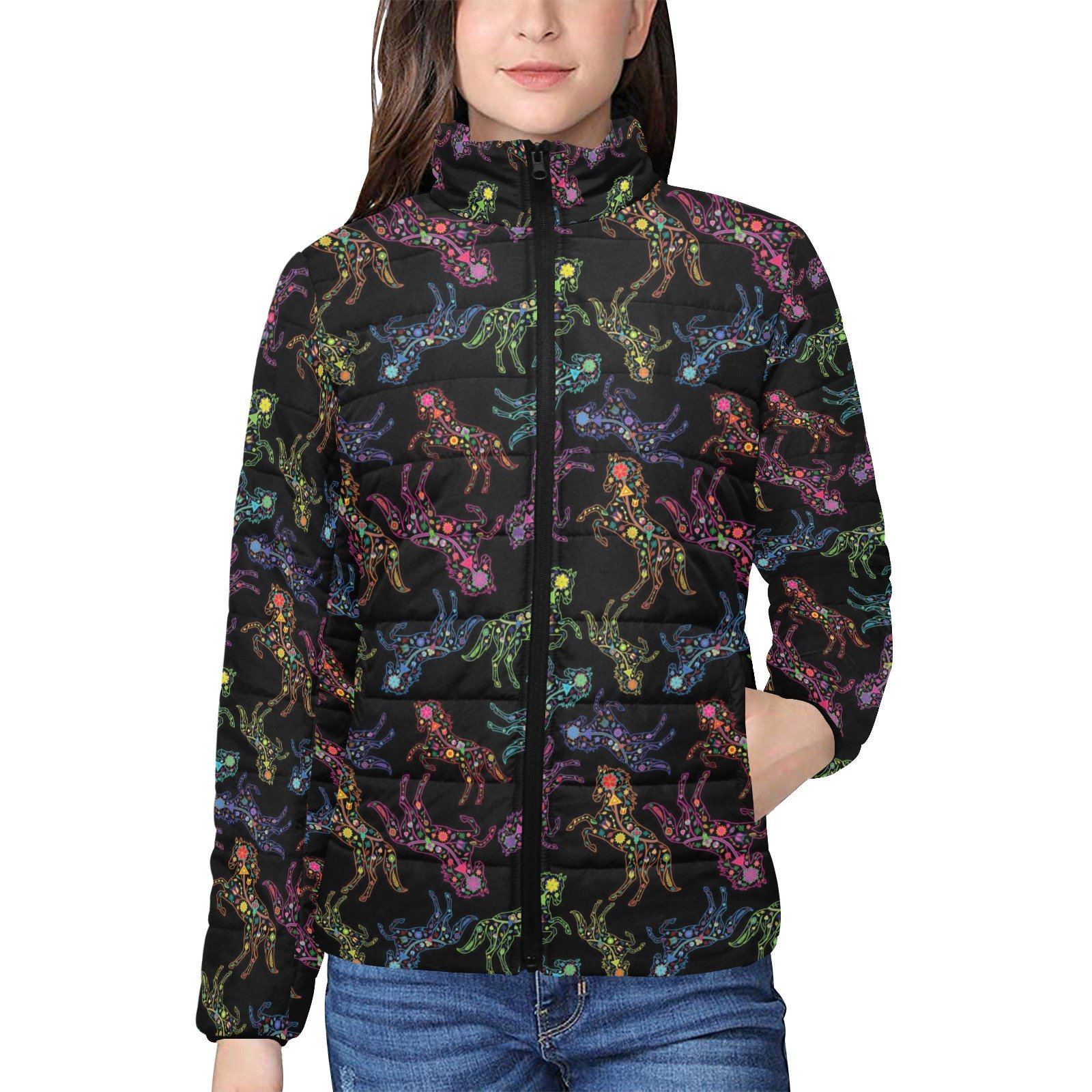 Floral Horse Women's Stand Collar Padded Jacket (Model H41) jacket e-joyer 