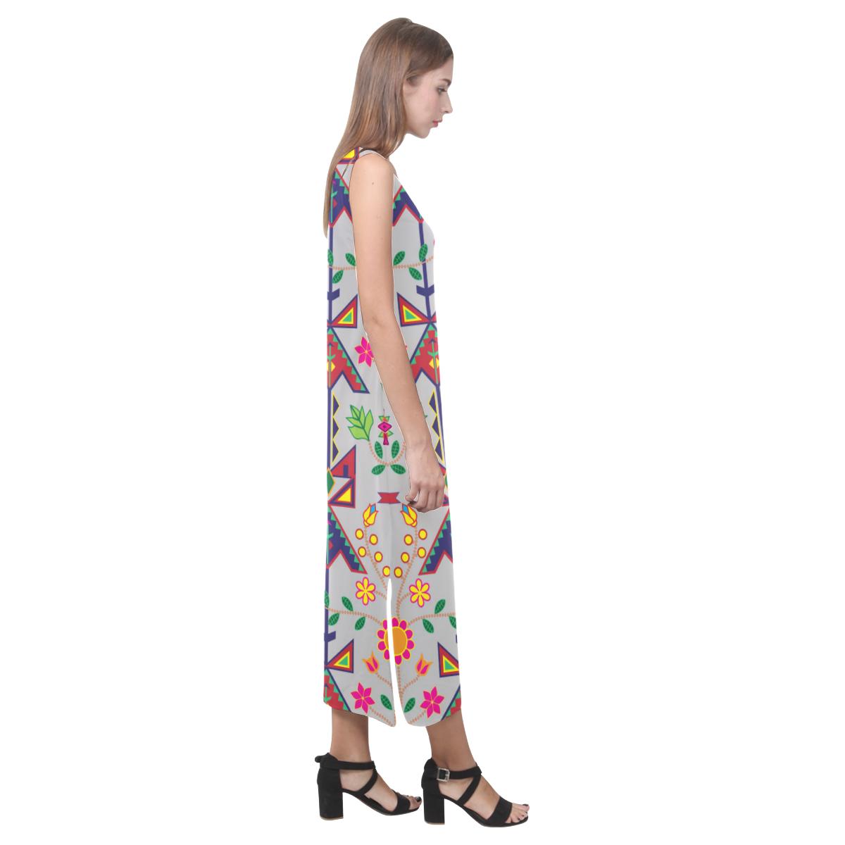 Geometric Floral Spring - Gray Phaedra Sleeveless Open Fork Long Dress (Model D08) Phaedra Sleeveless Open Fork Long Dress (D08) e-joyer 