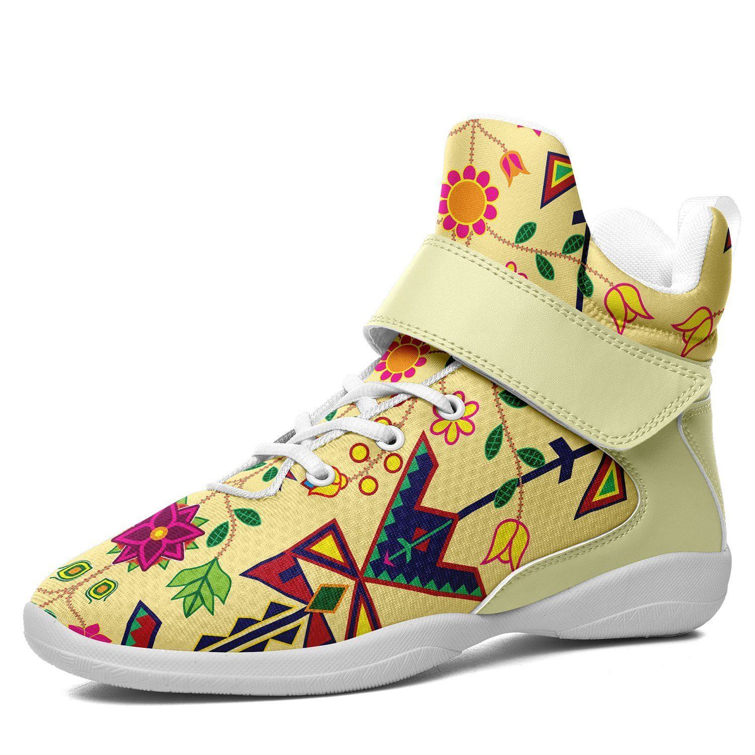 Geometric Floral Spring Vanilla Kid's Ipottaa Basketball / Sport High Top Shoes 49 Dzine US Women 4.5 / US Youth 3.5 / EUR 35 White Sole with Light Yellow Strap 