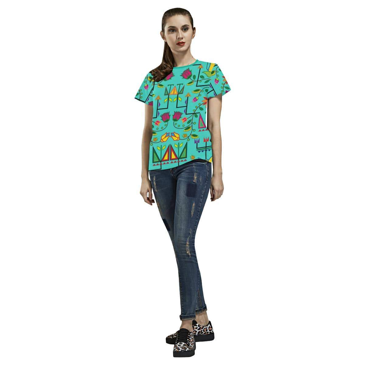 Geometric Floral Summer-Sky All Over Print T-shirt for Women/Large Size (USA Size) (Model T40) All Over Print T-Shirt for Women/Large (T40) e-joyer 