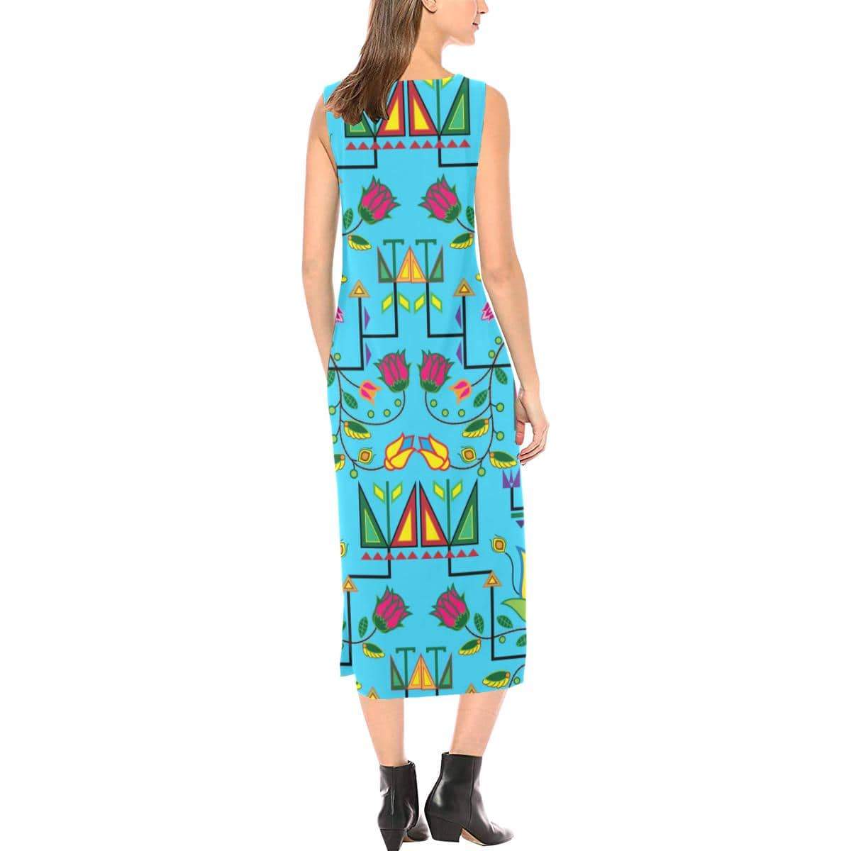 Geometric Floral Summer - Sky Blue Phaedra Sleeveless Open Fork Long Dress (Model D08) Phaedra Sleeveless Open Fork Long Dress (D08) e-joyer 