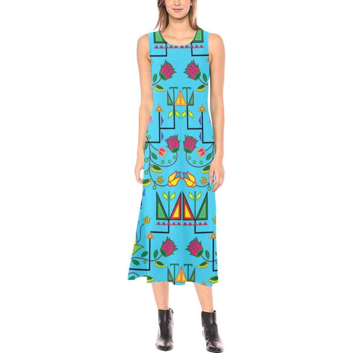 Geometric Floral Summer - Sky Blue Phaedra Sleeveless Open Fork Long Dress (Model D08) Phaedra Sleeveless Open Fork Long Dress (D08) e-joyer 