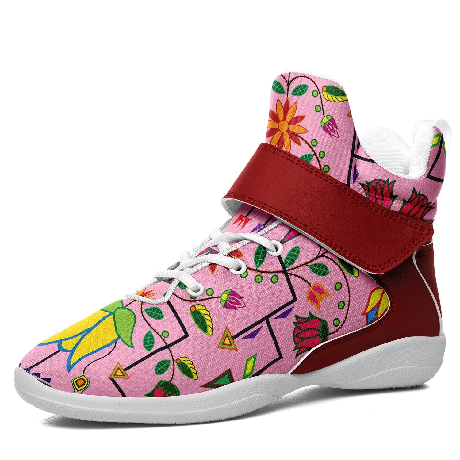 Geometric Floral Summer Sunset Kid's Ipottaa Basketball / Sport High Top Shoes 49 Dzine US Women 4.5 / US Youth 3.5 / EUR 35 White Sole with Dark Red Strap 