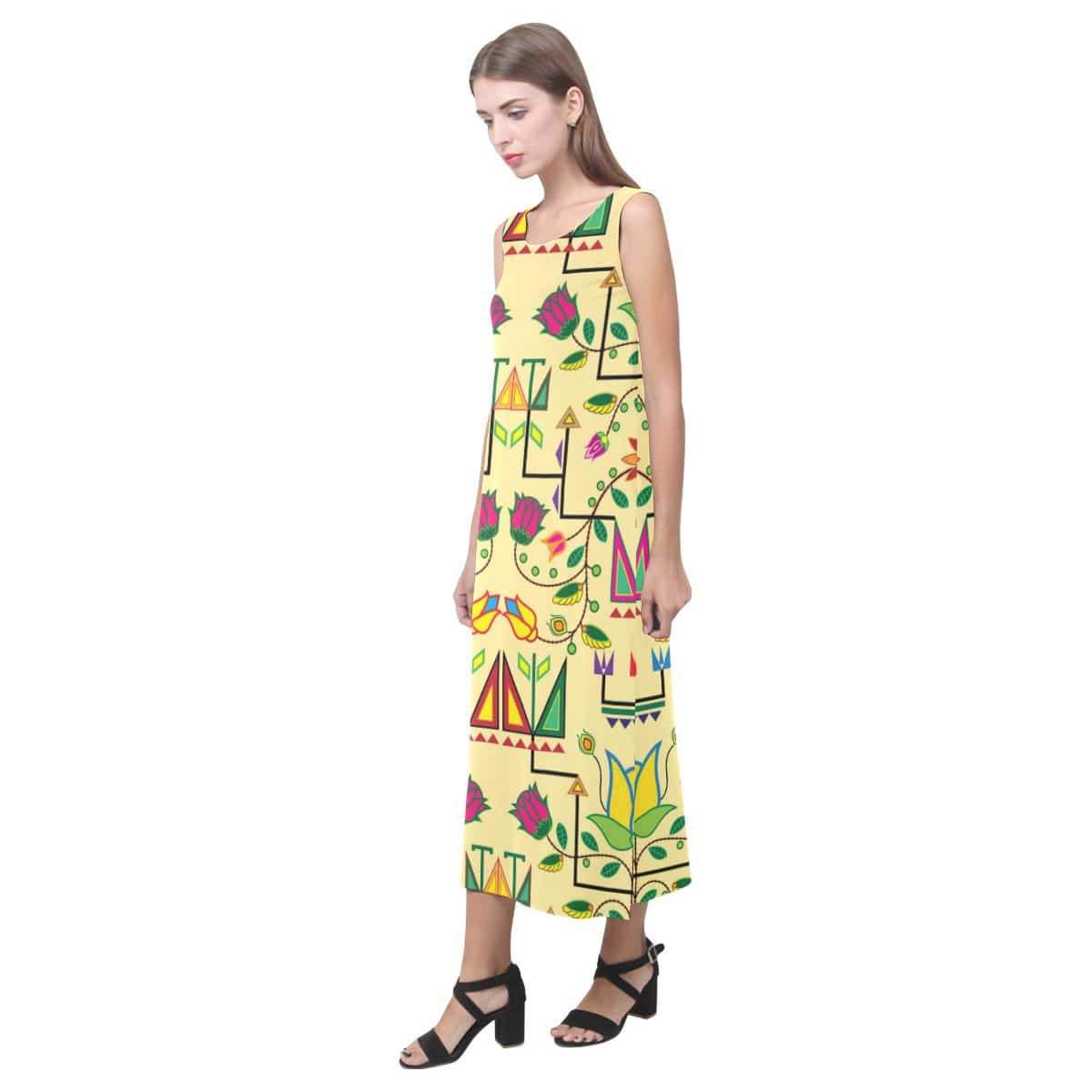 Geometric Floral Summer - Vanilla Phaedra Sleeveless Open Fork Long Dress (Model D08) Phaedra Sleeveless Open Fork Long Dress (D08) e-joyer 