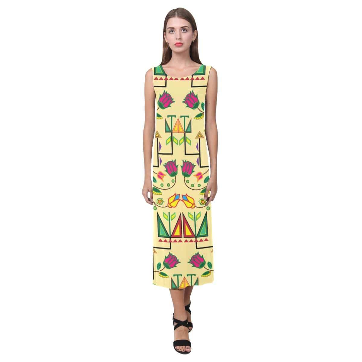Geometric Floral Summer - Vanilla Phaedra Sleeveless Open Fork Long Dress (Model D08) Phaedra Sleeveless Open Fork Long Dress (D08) e-joyer 