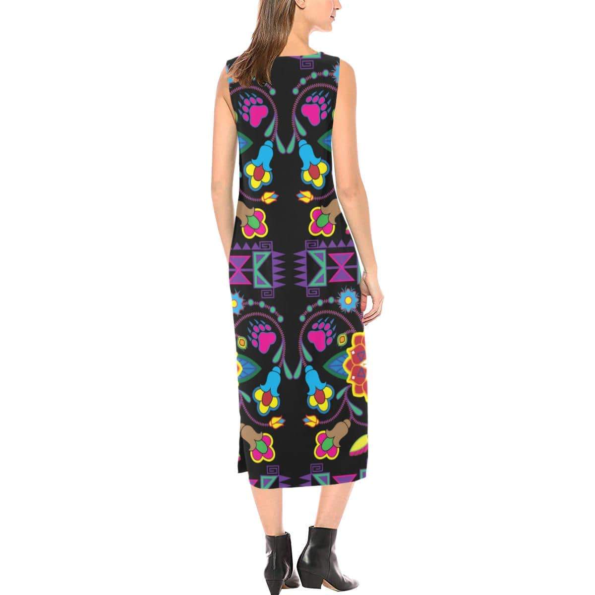 Geometric Floral Winter - Black Phaedra Sleeveless Open Fork Long Dress (Model D08) Phaedra Sleeveless Open Fork Long Dress (D08) e-joyer 