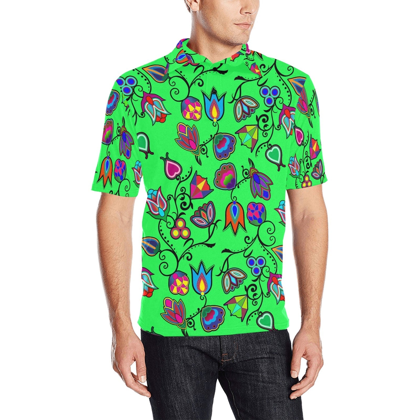 Indigenous Paisley Green Men's All Over Print Polo Shirt (Model T55) Men's Polo Shirt (Model T55) e-joyer 