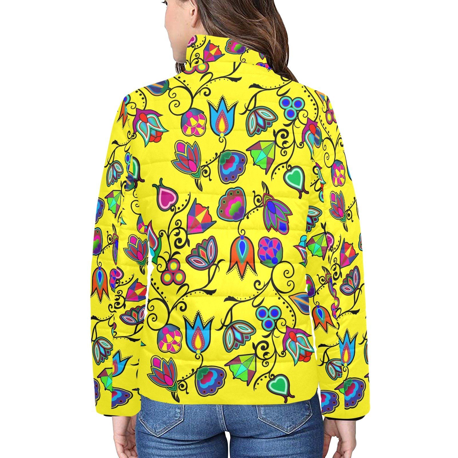 Indigenous Paisley Yellow Women's Stand Collar Padded Jacket (Model H41) jacket e-joyer 