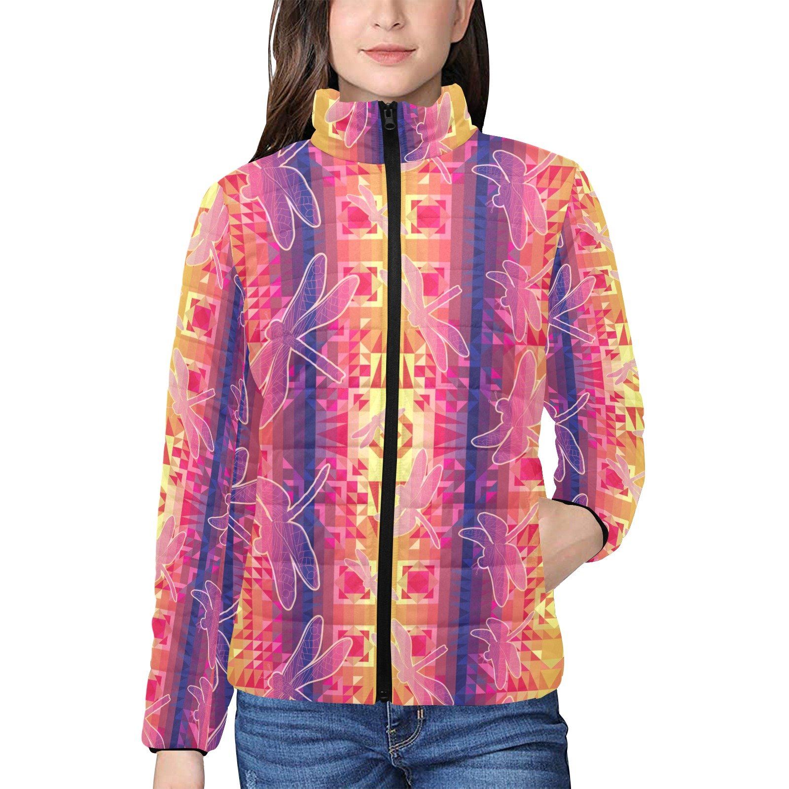 Kaleidoscope Dragonfly Women's Stand Collar Padded Jacket (Model H41) jacket e-joyer 