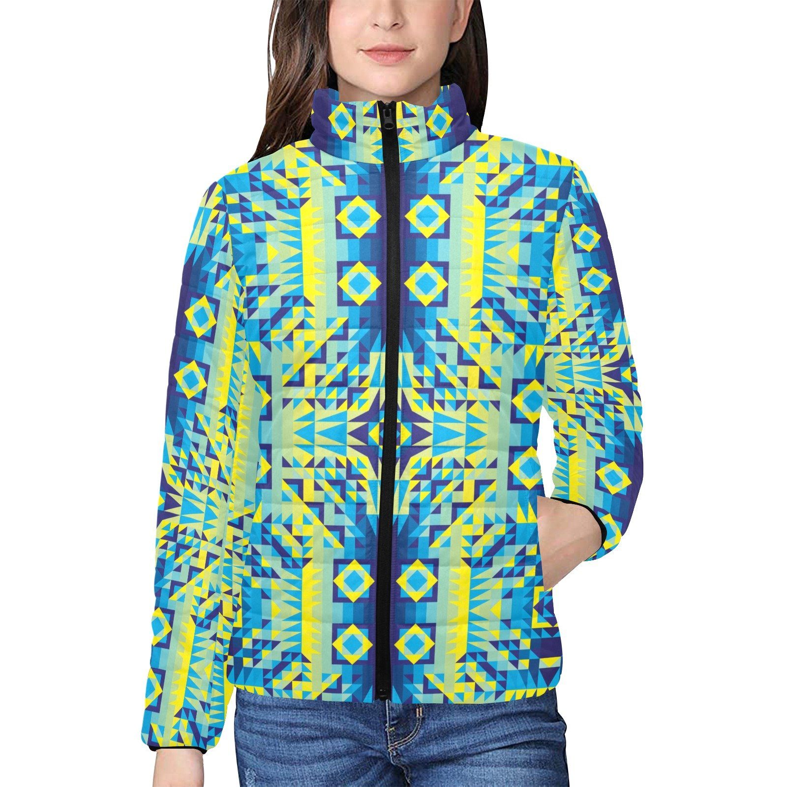 Kaleidoscope Jaune Bleu Women's Stand Collar Padded Jacket (Model H41) jacket e-joyer 