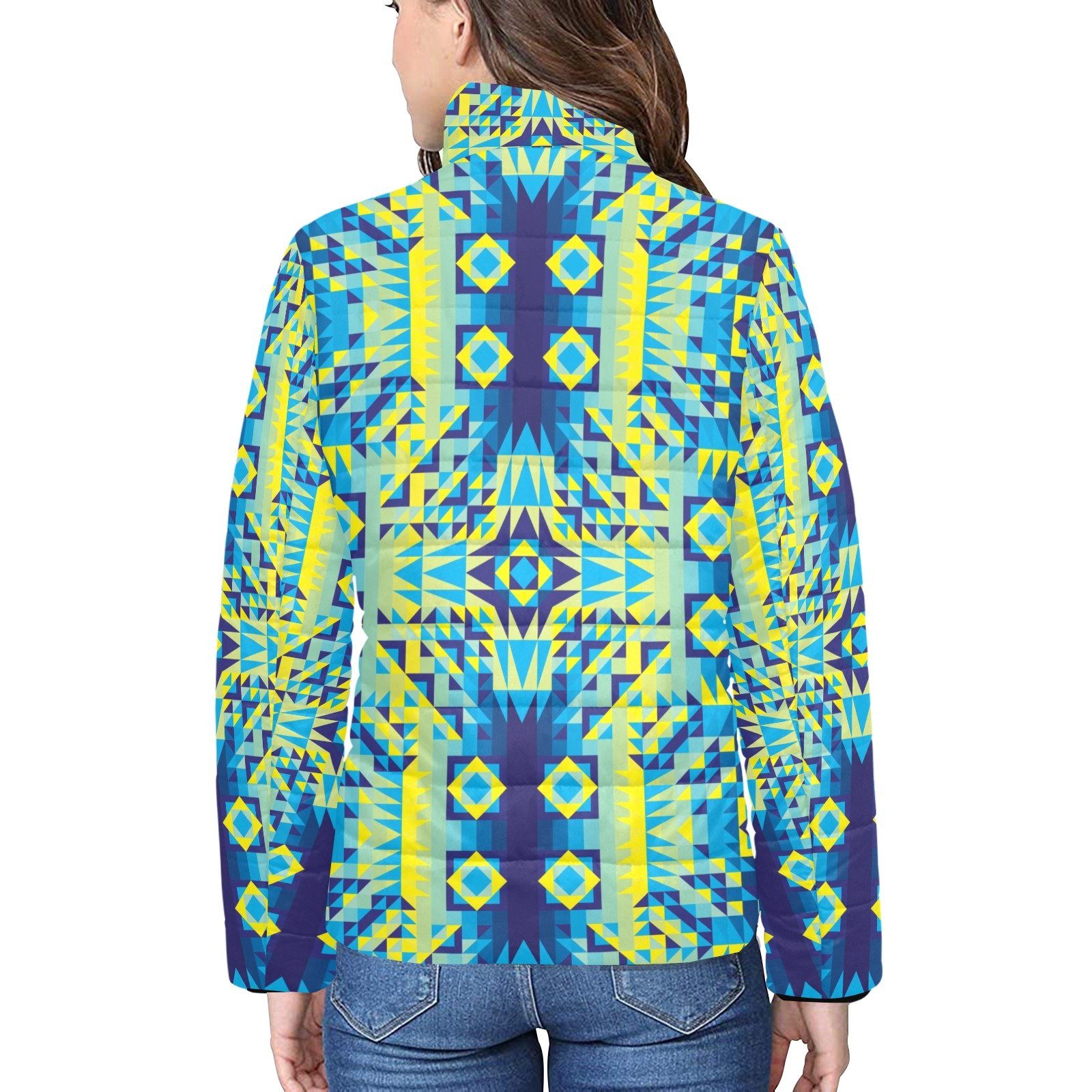Kaleidoscope Jaune Bleu Women's Stand Collar Padded Jacket (Model H41) jacket e-joyer 
