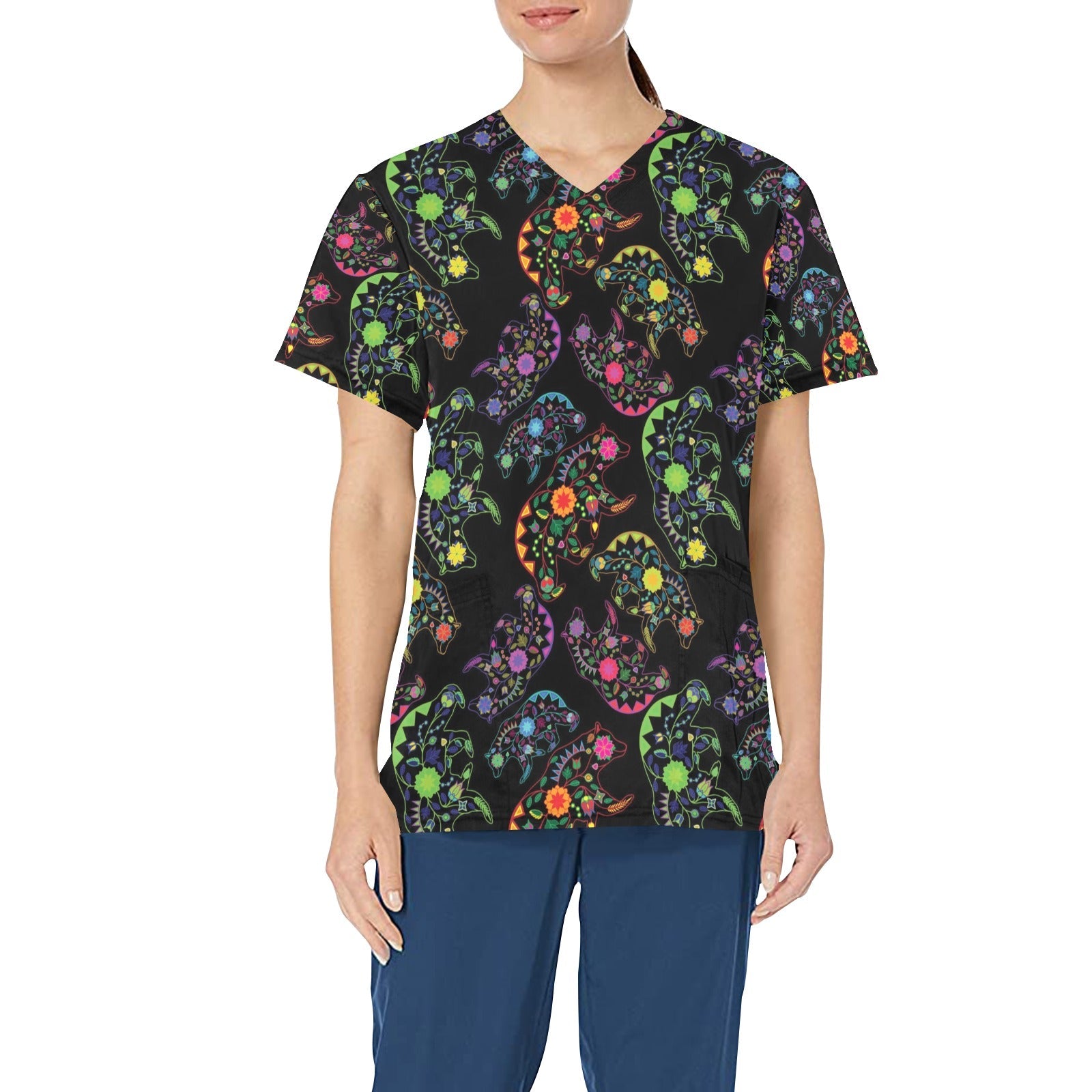 Neon Floral Bears All Over Print Scrub Top Scrub Top e-joyer 