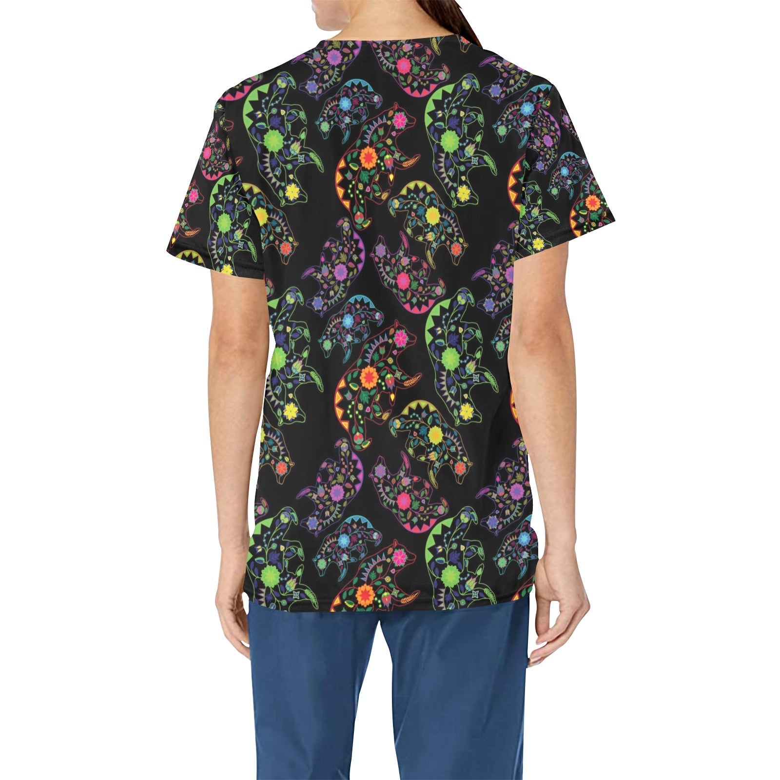 Neon Floral Bears All Over Print Scrub Top Scrub Top e-joyer 