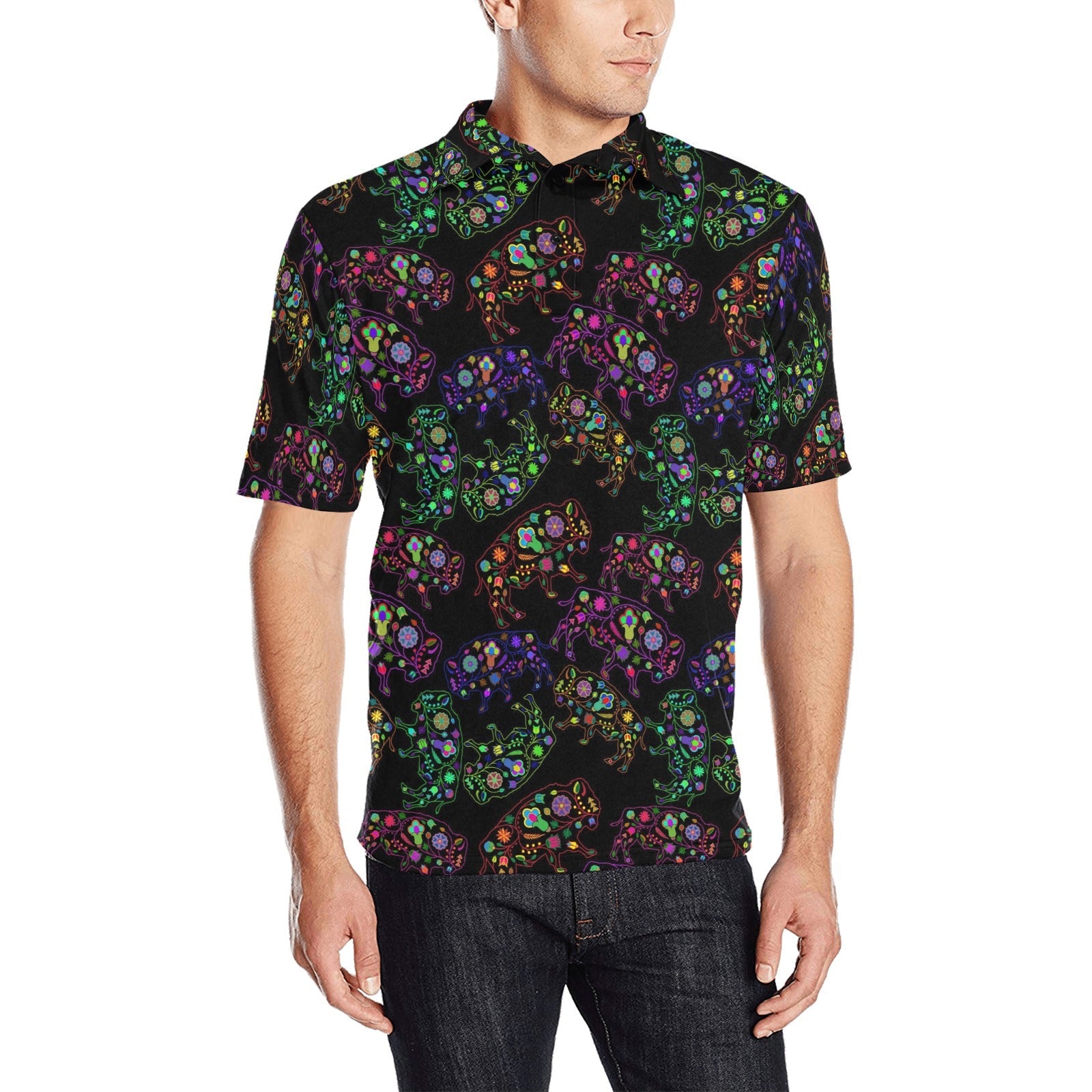 Neon Floral Buffalos Men's All Over Print Polo Shirt (Model T55) Men's Polo Shirt (Model T55) e-joyer 