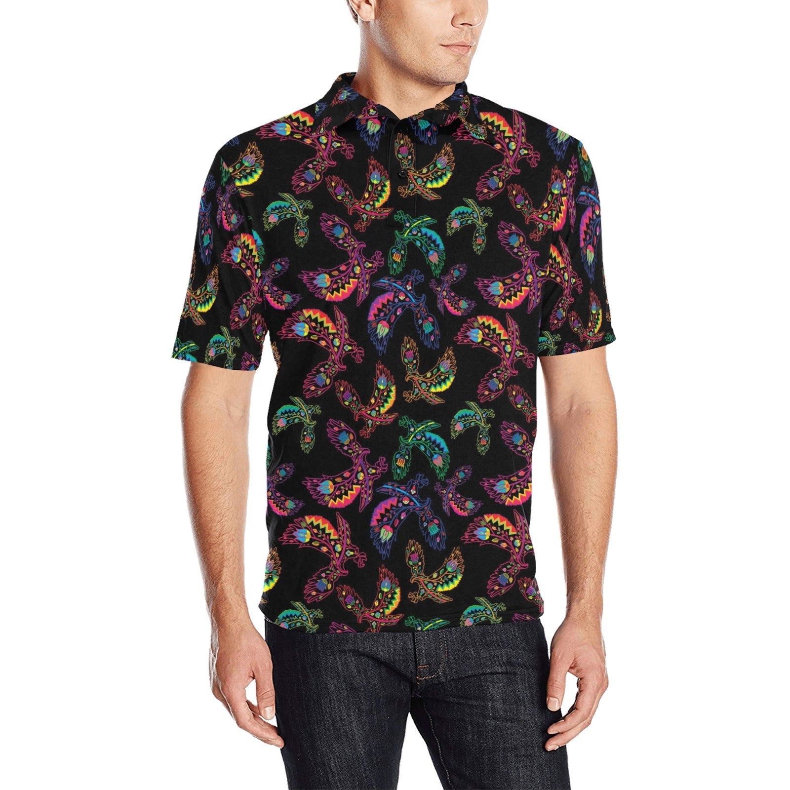 Neon Floral Eagles Men's All Over Print Polo Shirt (Model T55) Men's Polo Shirt (Model T55) e-joyer 