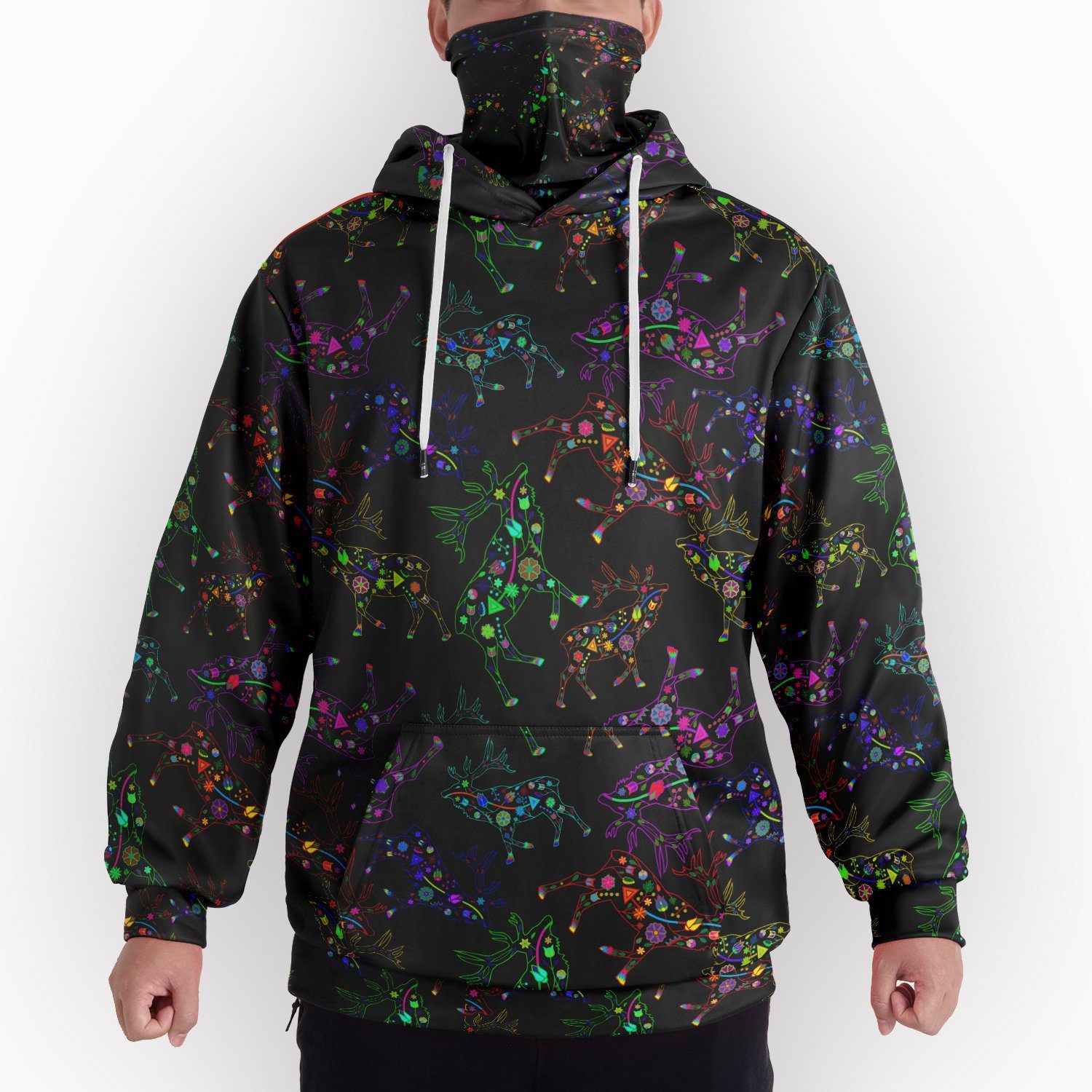 Neon Floral Elks Hoodie with Face Cover 49 Dzine 