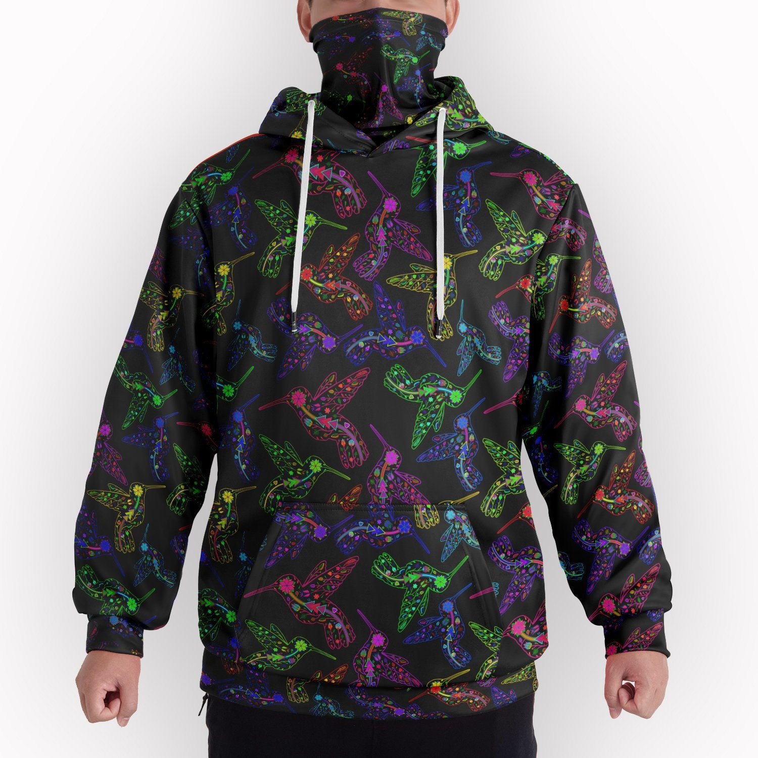 Neon Floral Hummingbirds Hoodie with Face Cover 49 Dzine 