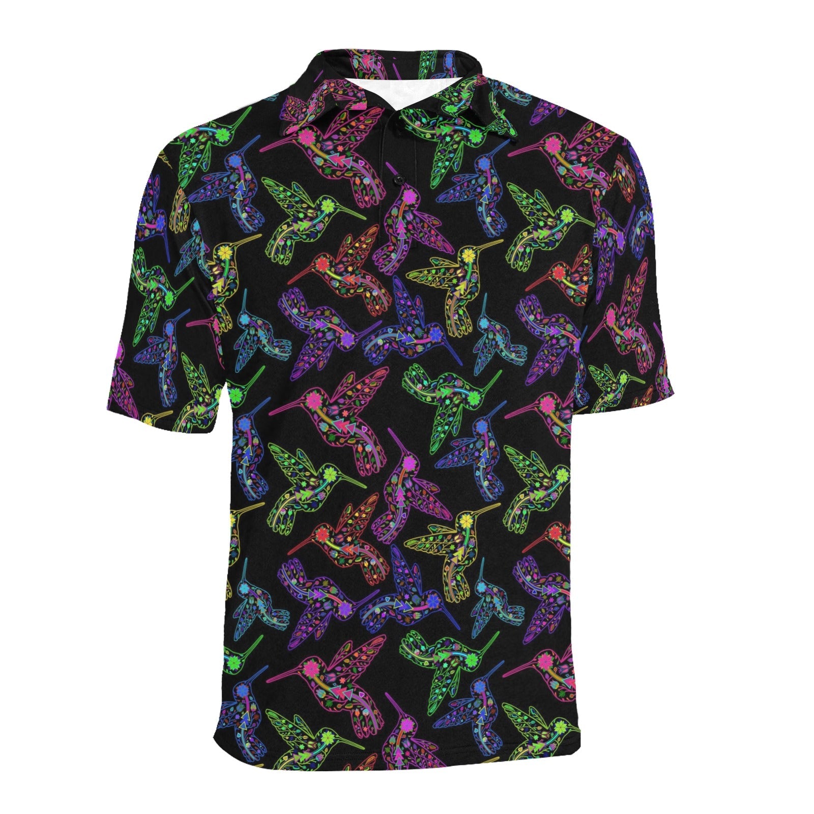 Neon Floral Hummingbirds Men's All Over Print Polo Shirt (Model T55) Men's Polo Shirt (Model T55) e-joyer 