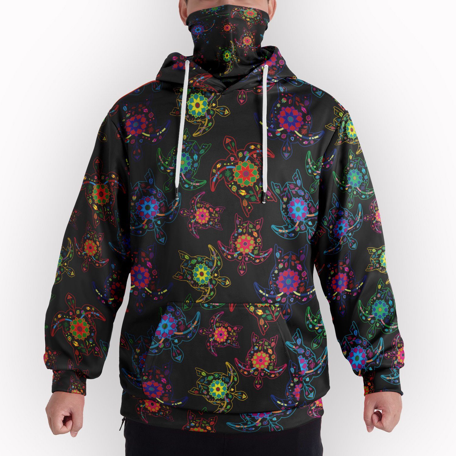 Neon Floral Turtles Hoodie with Face Cover 49 Dzine 