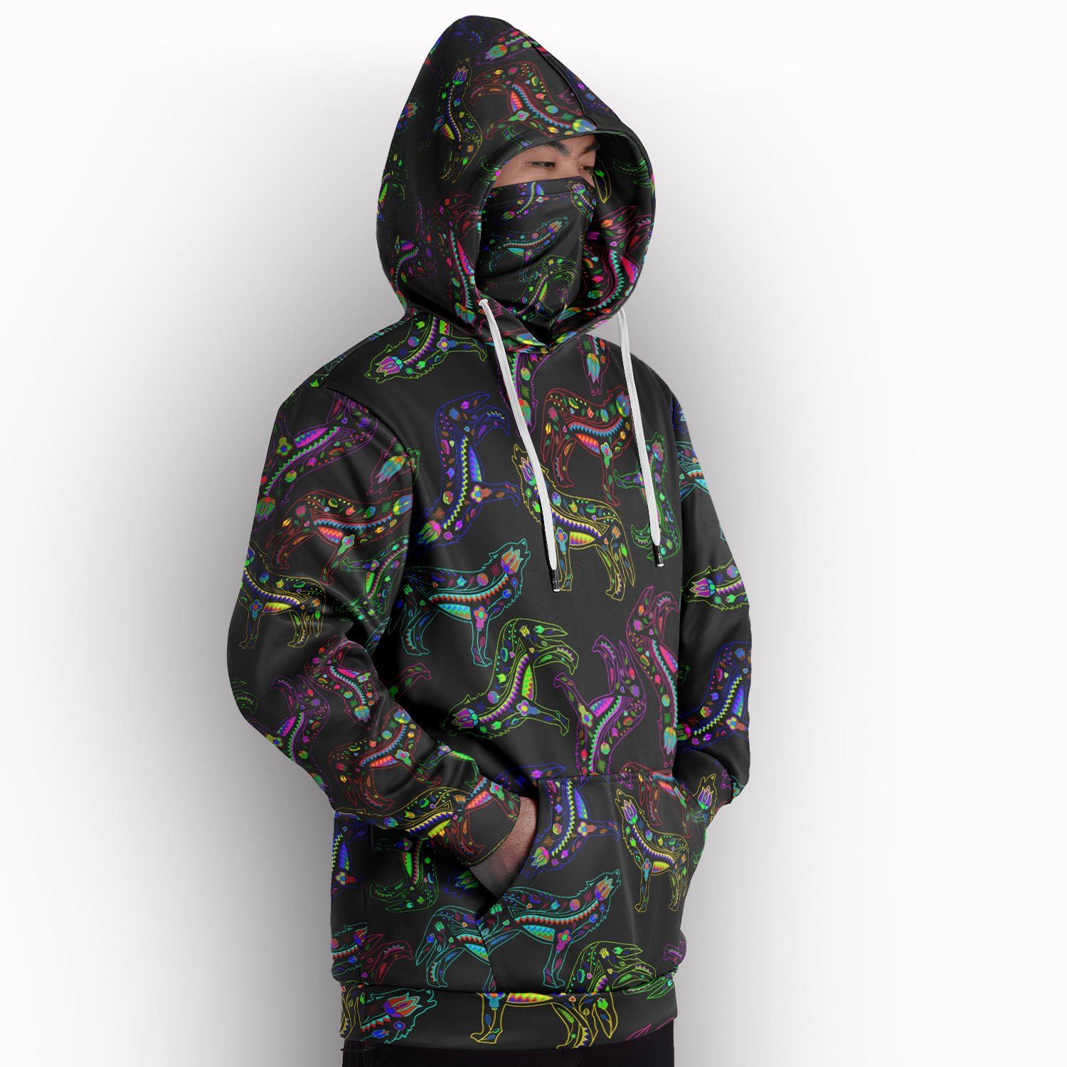 Neon Floral Wolves Hoodie with Face Cover 49 Dzine 