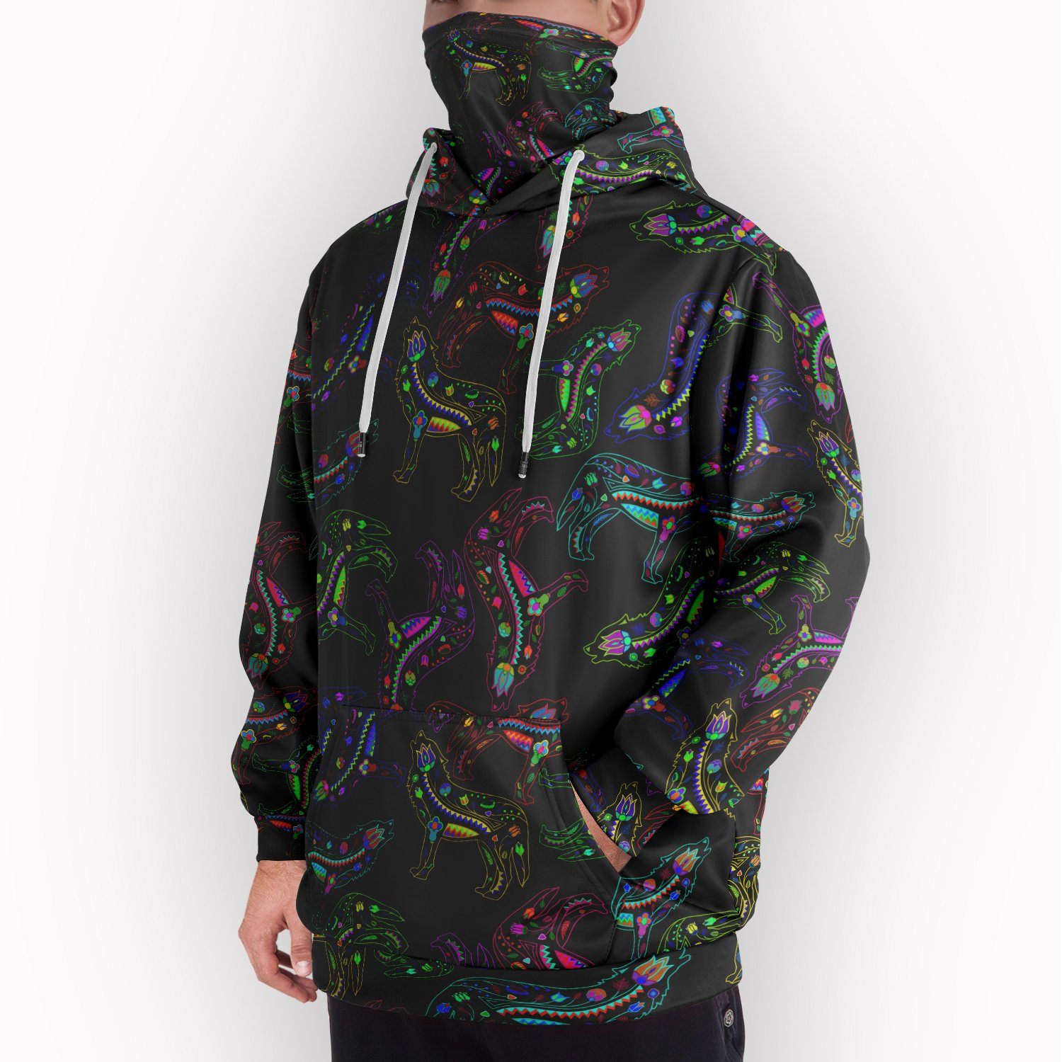 Neon Floral Wolves Hoodie with Face Cover 49 Dzine 