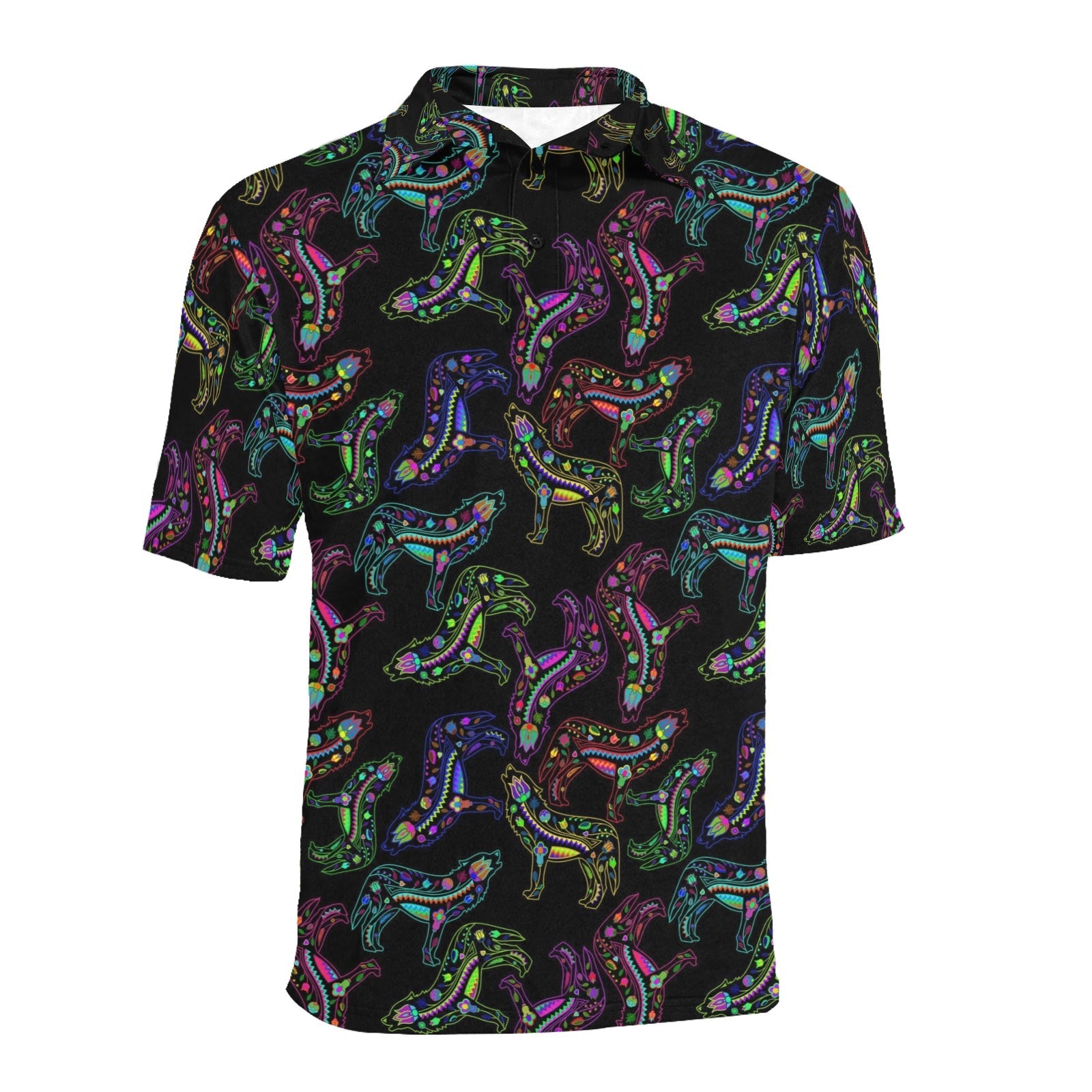 Neon Floral Wolves Men's All Over Print Polo Shirt (Model T55) Men's Polo Shirt (Model T55) e-joyer 