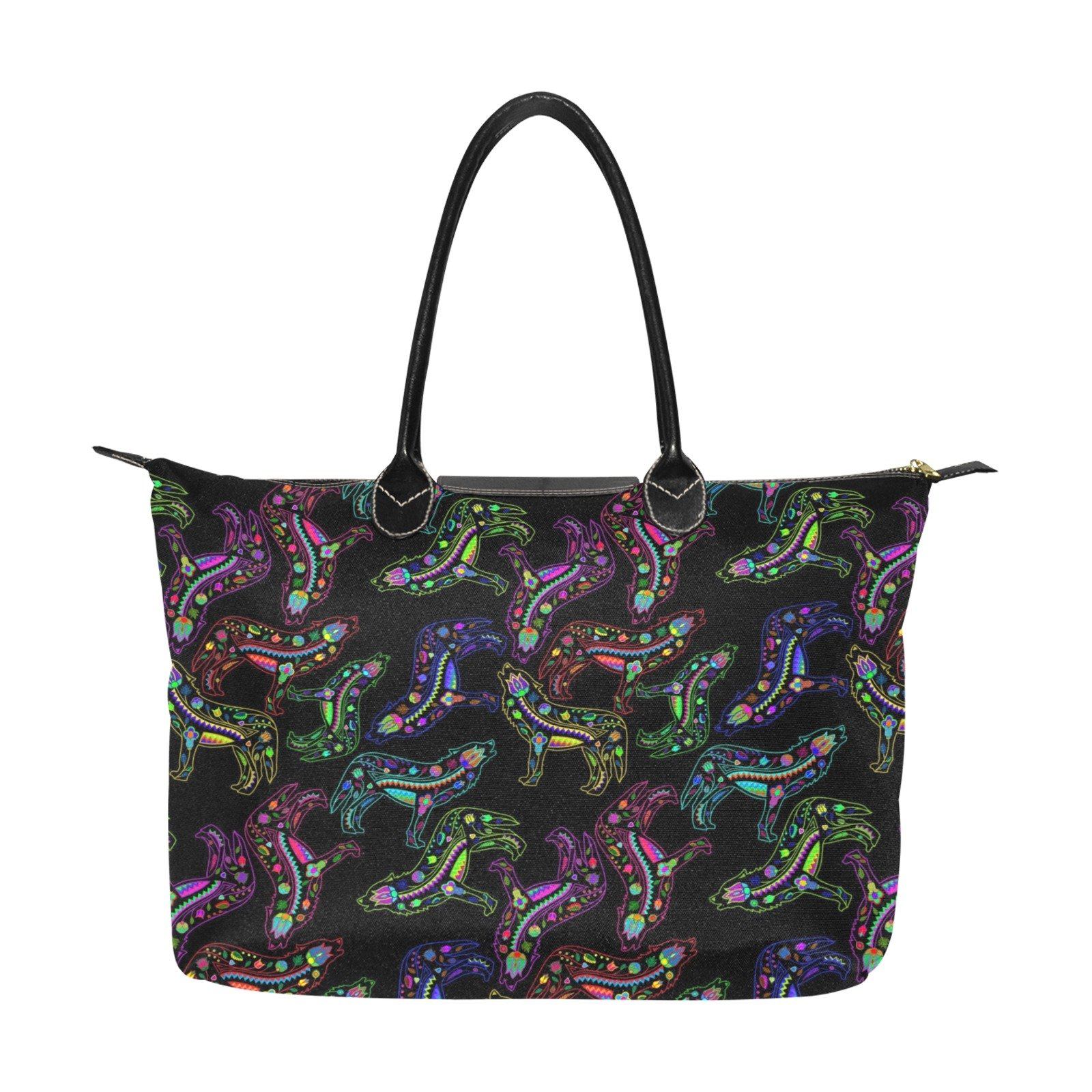 Neon Floral Wolves Single-Shoulder Lady Handbag (Model 1714) bag e-joyer 