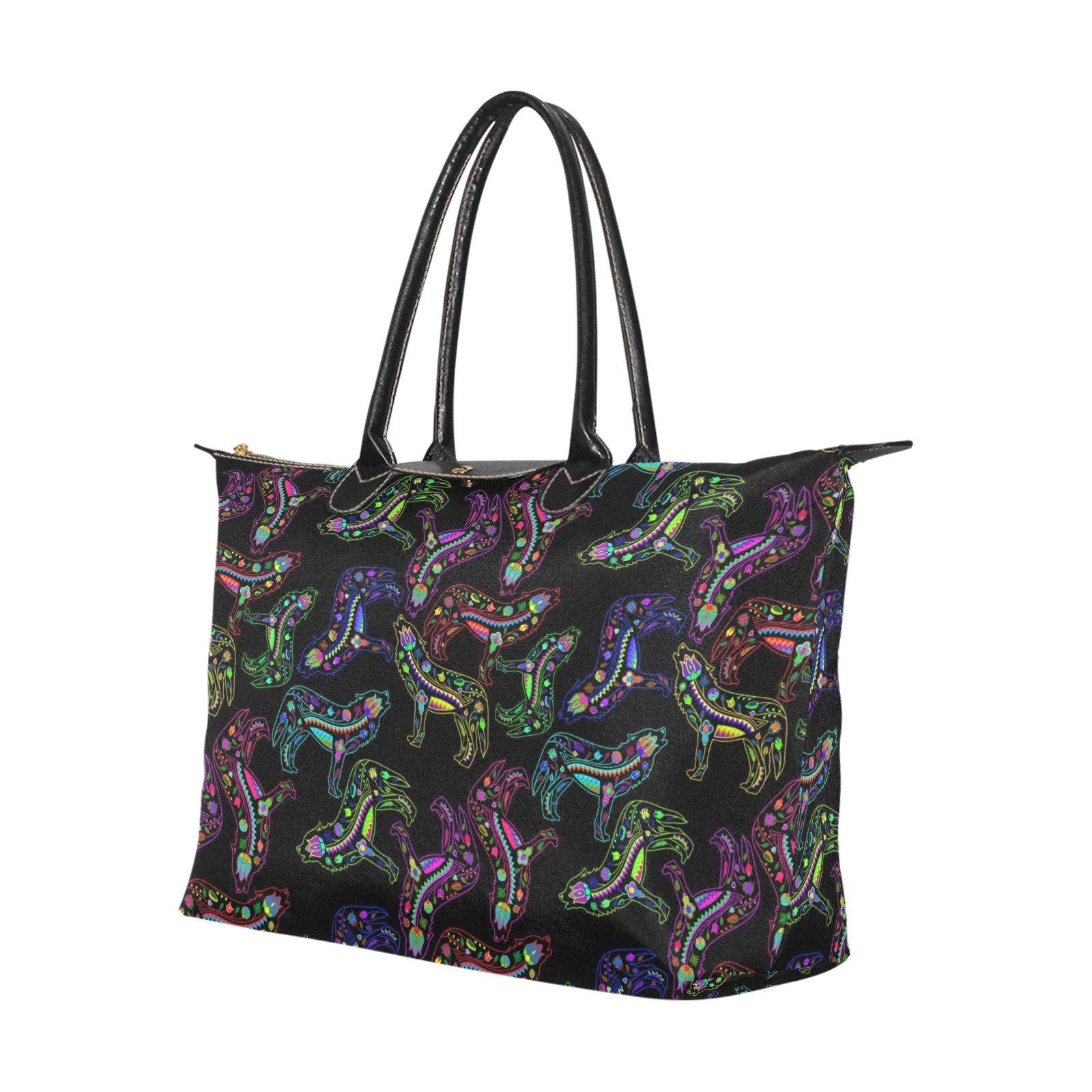 Neon Floral Wolves Single-Shoulder Lady Handbag (Model 1714) bag e-joyer 