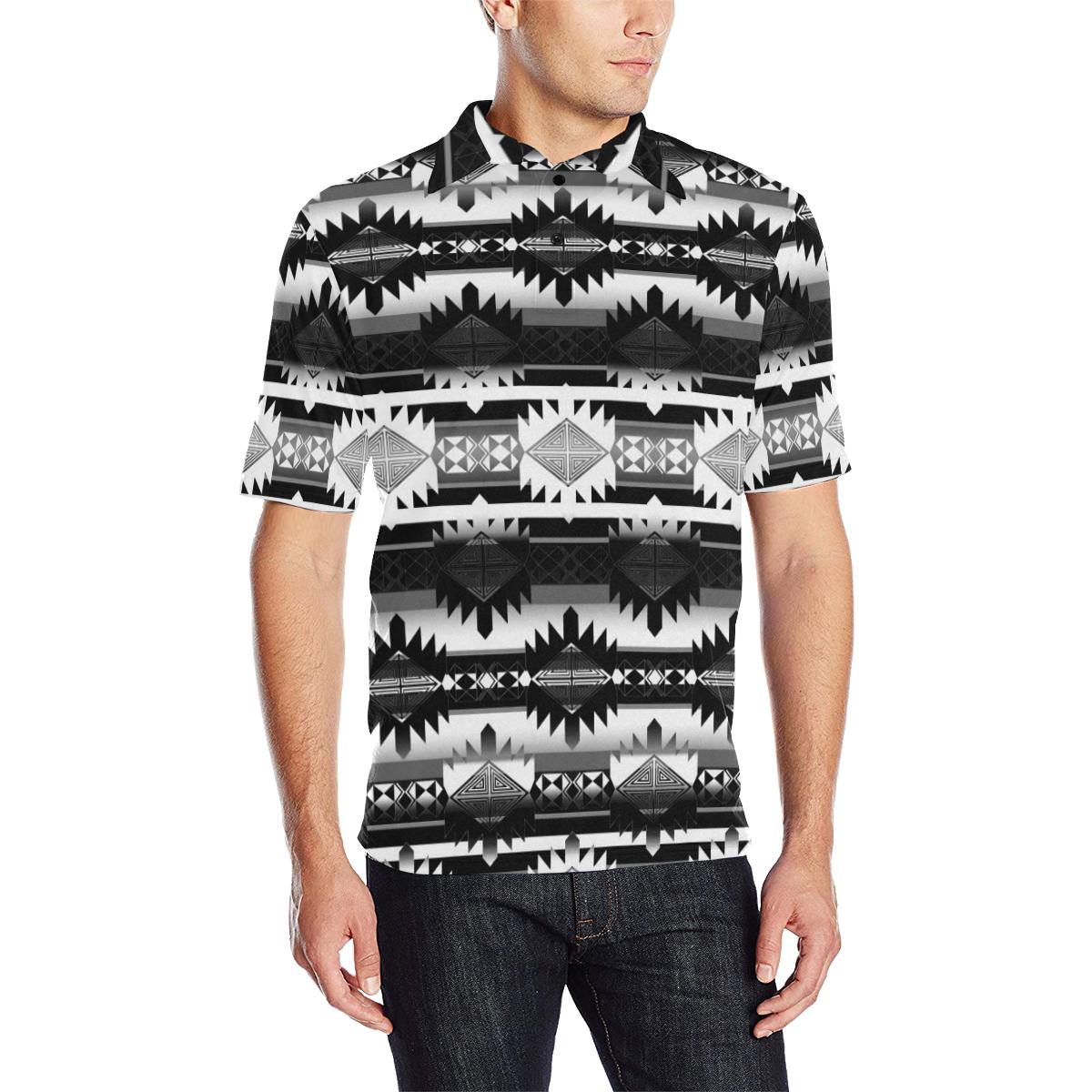 Okotoks Black and White Men's All Over Print Polo Shirt (Model T55) Men's Polo Shirt (Model T55) e-joyer 
