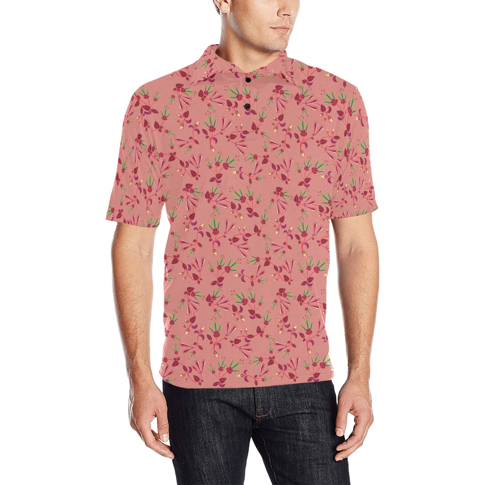 Swift Floral Peach Rouge Remix Men's All Over Print Polo Shirt (Model T55) Men's Polo Shirt (Model T55) e-joyer 